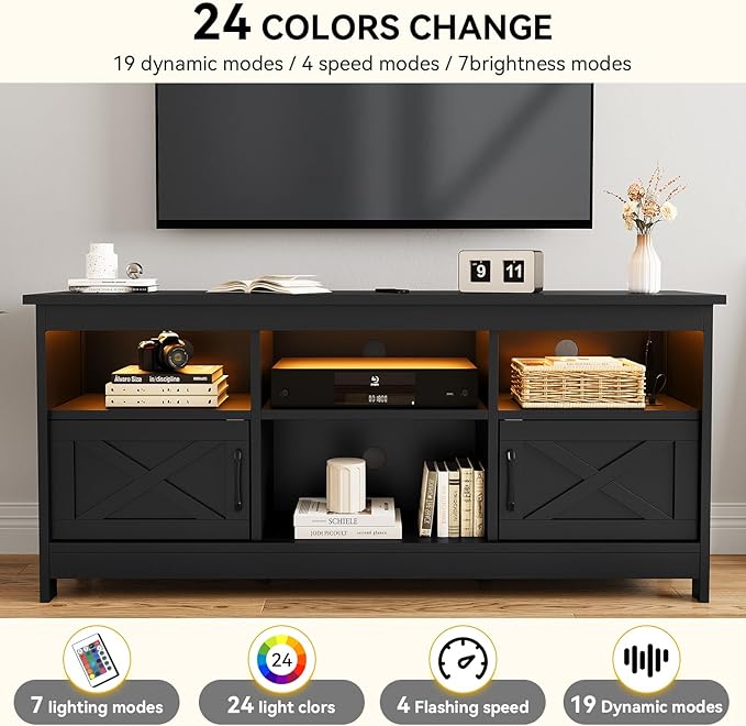 DWVO Farmhouse TV Stand for 65 Inch TV, Black Entertainment Center with LED Lights & Power Outlet, TV Media Console with Storage for Living Room, Black