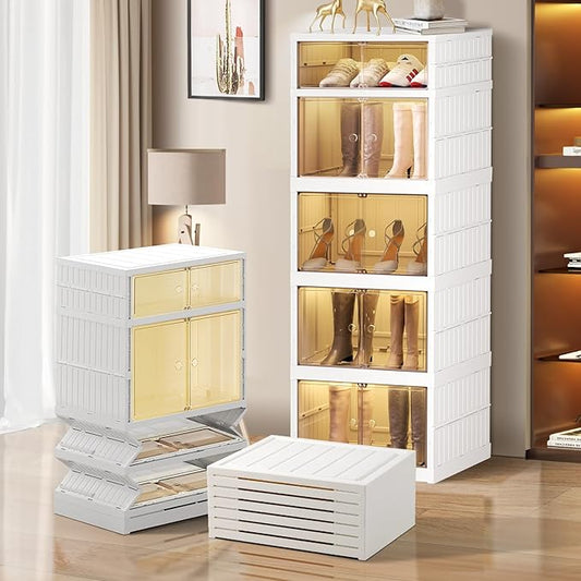 5-Tier Foldable Shoe Rack Organizer for Closet 10Pairs Plastic Collapsible Shoes Storage Box Clear Shoe Boxes Stackable with Door Easy Assembly Shoe Cabinet Bins with Lids Large