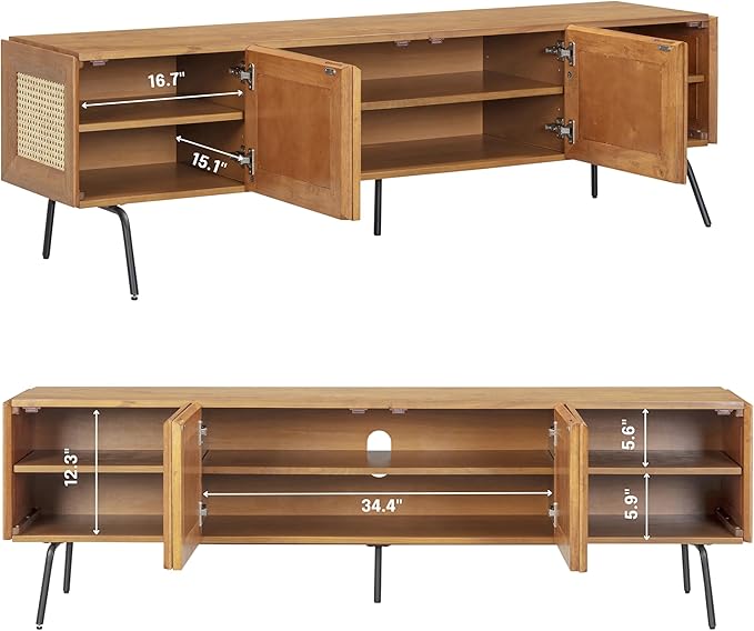 NTC Mossic TV Media Cabinet with 4 Doors for TVs, Entertainment Center with Natural Rattan, Metal Legs, Modern Storage Console for Living Room and Bedroom, Effortless Assembly, Teak Look