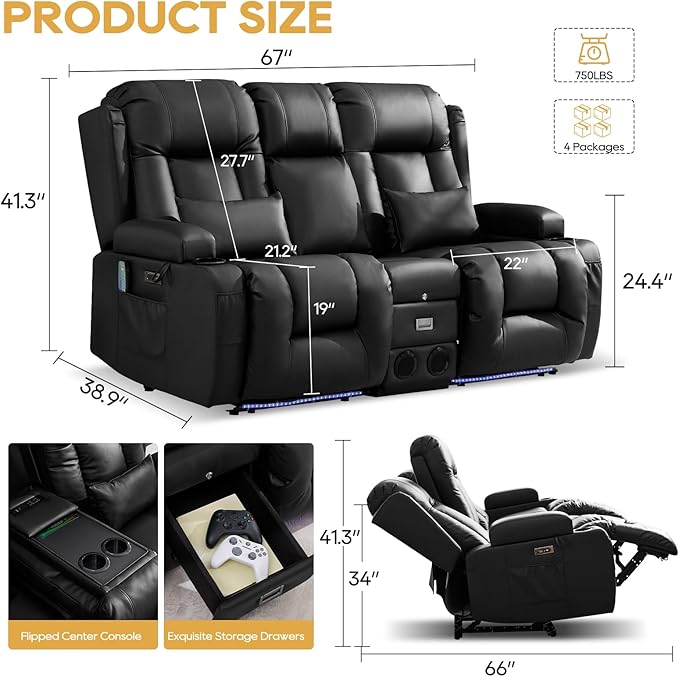 IPKIG Power Recliner Sofa with Flip-Up Backrest Console, USB & USB-C Ports, AC Outlet, LED Lights, Wall Hugger Recliners for Living Room, RV (Midnight Black, 67" - 2 Seat) | Breathable Leather, Zero Gravity, Dual Reclining, 2 Lumabr Pillow, Bluetooth S...
