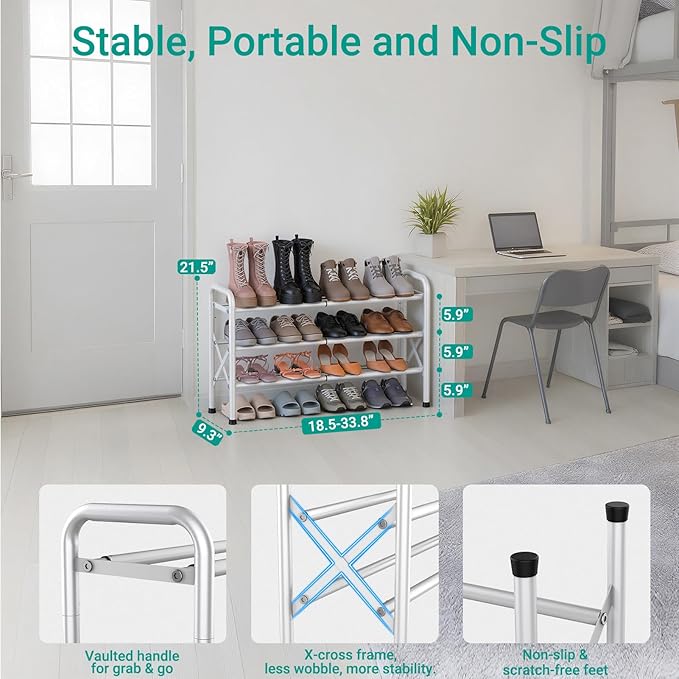 3-Tier Expandable Shoe Rack for Closet Floor, X-Frame Metal Small Shoe Rack for Entryway, Adjustable Shoe Shelf Organizer, Free Standing Shoe Racks for Front Door Entrance, Garage - White