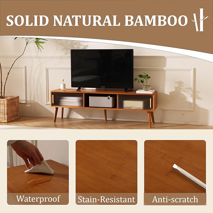 Bamboo TV Stand Entertainment Center tv Console, Mid-Century Modern Television Stand for 55-65 inch TVs, Wood TV Stand with Storage, Tv Stands for Living Room, Bedroom and Home Decor, Brown