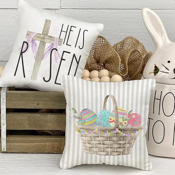 GEEORY Happy Easter Throw Pillow Covers 18x18 Set of 4 Bunny He is Risen Cross Eggs Spring Home Decor for Couch G261-18