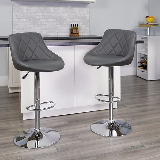 Flash Furniture Caldwell 2 Pk. Contemporary Gray Vinyl Bucket Seat Adjustable Height Barstool with Chrome Base