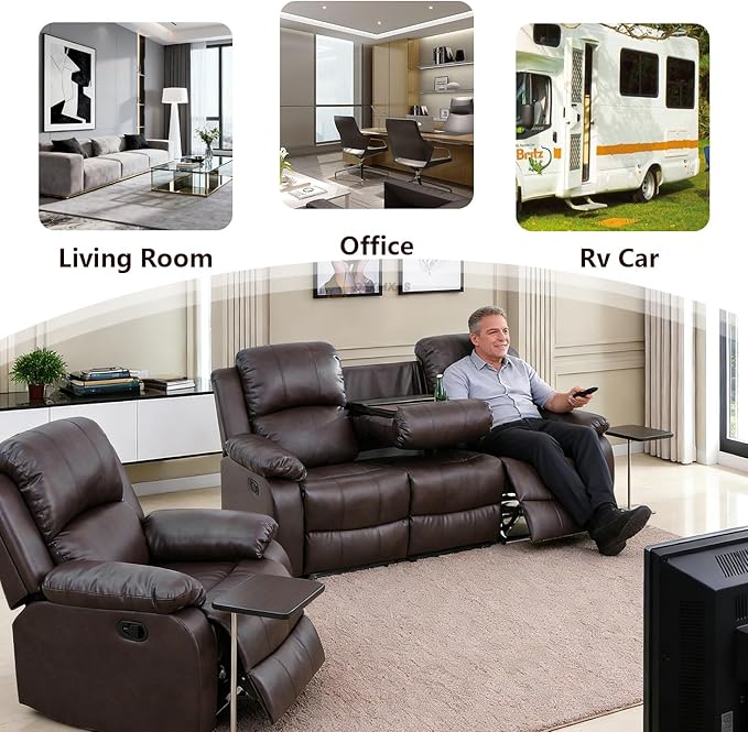 Brown Recliner Sofa Set Manual Reclining Couch Set Living Room Furniture Set Bonded Leather Sofa and Loveseat Set with Cup Holders/Storage Console for Home/Office/Rv Car (Brown, Sofa+Loveseat)