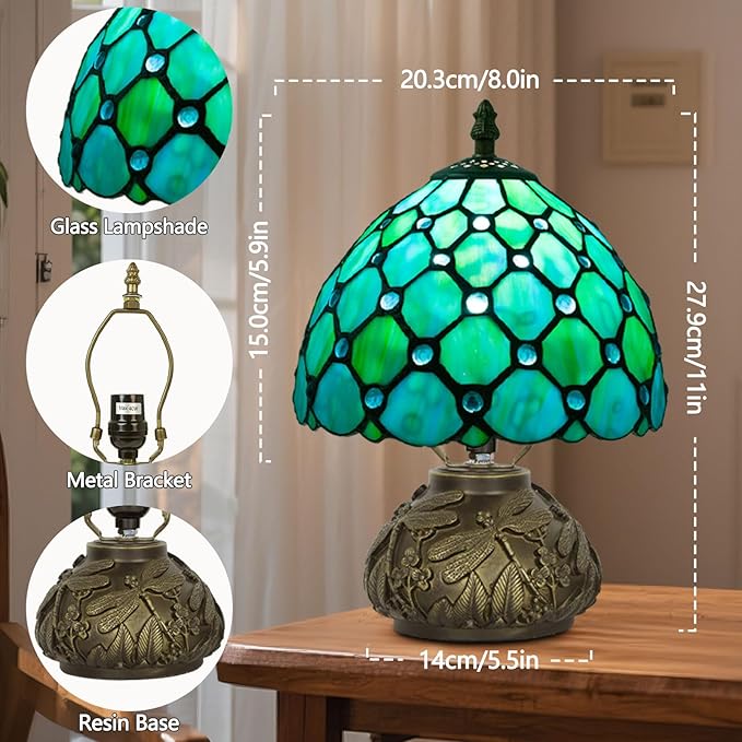 Small Tiffany Table Lamp,Stained Glass Lamp,8 Inch Mushroom Style Mini Vintage Desk Lights for Bedside, Bedroom,Nightstand,Living Room,3 Color Temperature (Blue)