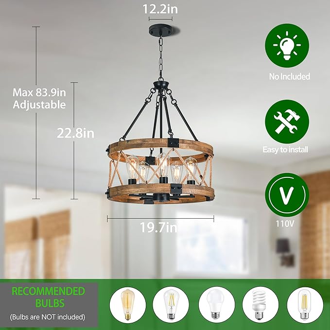 Farmhouse Chandeliers for Dining Room, 19.7” Rustic Chandelier, Round Hanging Light,5-Light Chandelier, Wood Chandelier Modern Chandelierr for Kitchen Living Room Foyer Entryway