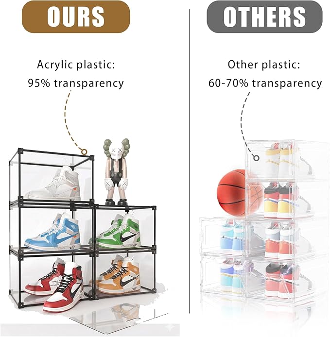 Transparent Plastic Storage Clear Shoe Display Case Box Organizer - Magnetic Side Open, 16PC (Black)
