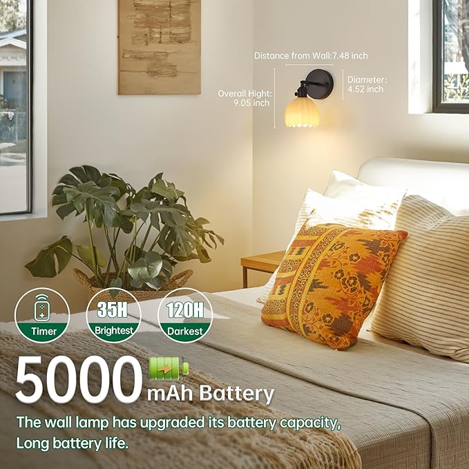 Vintage Wall Sconce Set of 2 - Rechargeable Battery Powered with Remote Control, Pastel Yellow Tulip Glass Lampshade (5000mAh) for Bedroom/Doorway