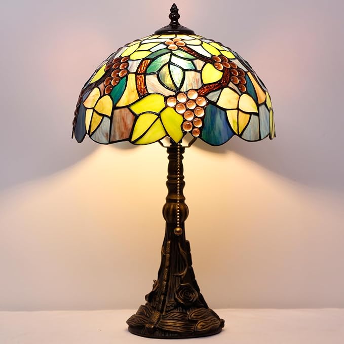 Tiffany Table Lamp Stained Glass Lamp 12X12X19 Inch Antique Reading Light (Amber Grape)