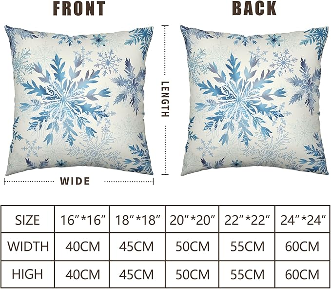 Set of 2 Winter Snowflake Pillow Covers Blue Christmas Decorative Throw Pillow Cases 22x22 Inch Farmhouse Xmas Holiday Outdoor Cotton Linen Pillowcase for Living Room Couch Sofa Decor