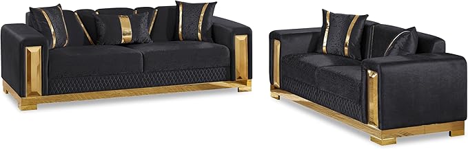 Furniture of America Samison II Glam 2-Piece Solid Wood Upholstered Sofa Set with Accent Pillows, Damask Pattern and Gold Base, Comfortable Couch and Loveseat for Living Room, Bedroom, Office, Black
