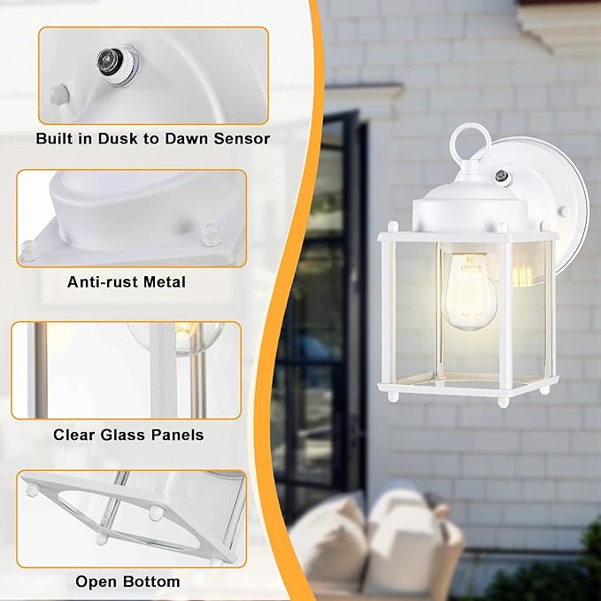 Dusk to Dawn Outdoor Wall Lantern, Exterior Waterproof Sconces Lighting Wall Mount, Front Porch Light, Anti-Rust Metal Outside Light Fixtures with Clear Glass, Matte White, 2-Pack