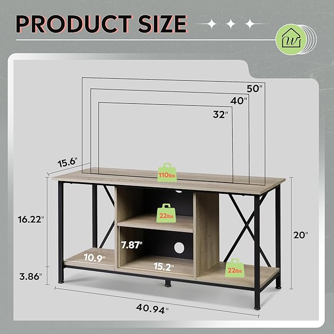 WLIVE Industrial TV Stand for up to 45 inch TV, Heavy-Duty Metal Frame Entertainment Center, Compact Media Console with Adjustable Shelf & Cable Management for Small Spaces, Living Room, Greige