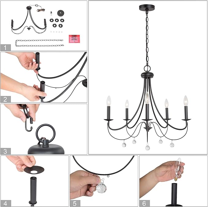 LOG BARN Farmhouse Chandelier, 5-Light Black Chandelier, Modern Dining Room Light Fixture with Crystal Pendants, 24.5” Dia