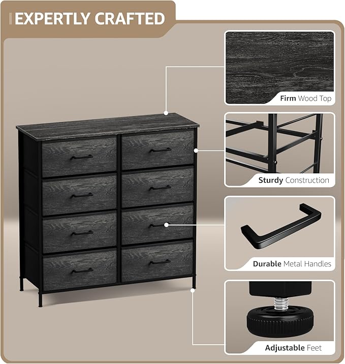 Sorbus Dresser with 8 Faux Wood Drawers - Chest Organizer Unit with Steel Frame Wood Top & Handle Easy Pull Fabric Bins for Clothes - Storage Furniture for Bedroom, Hallway, Living Room & Closet