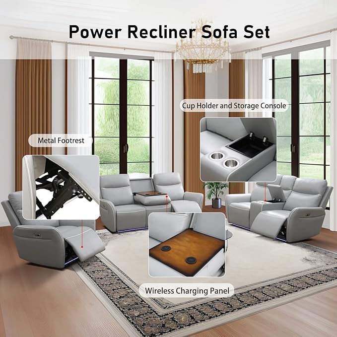 Power Recliner Sofa Set for Living Room, Breathing Leather Reclining Sofa with LED Lighting, Cup Holders, Storage Console&USB Port for Home Theater Seating (Light Grey)