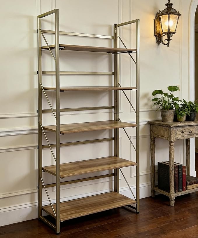 Folding Bookshelf,Multifunctional Foldable Plant Stand Storage Rack Shelves for Home Office, Easy Assembly, 5-Tier,Gold & Nature Wood