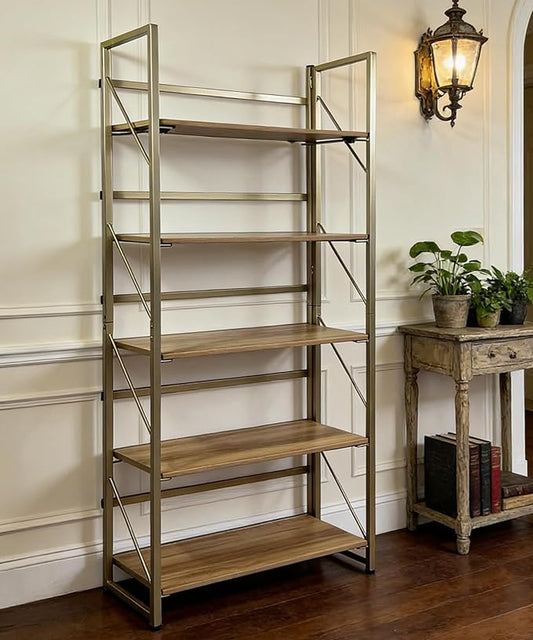 Folding Bookshelf,Multifunctional Foldable Plant Stand Storage Rack Shelves for Home Office, Easy Assembly, 5-Tier,Gold & Nature Wood
