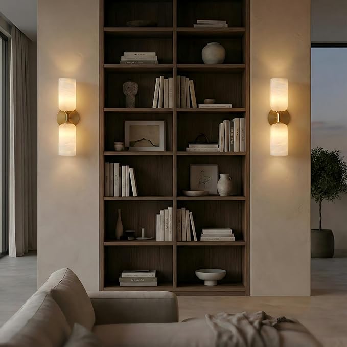 Alabaster Wall Sconces, 14" Modern Spanish Natural Marble Vanity Light, Dimmable Hardwired Brass Gold Wall Sconce Lighting for Bathroom Mirror, Bedroom, Living Room, Luxury Natural Stone Wall Fixtures