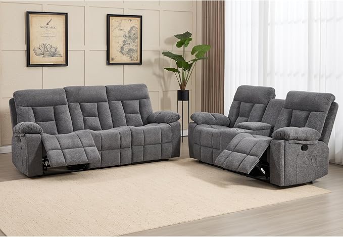 CANMOV Recliner Sofa Set, 3 Seat Recliner Sofa and Manual Loveseat with Overstuffed Armrest, Storage Console,Hidden Cup Holders, for Living Room,Grey