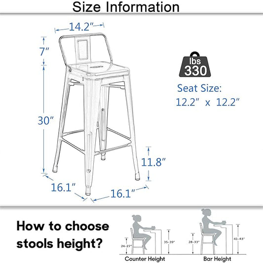 Tongli Metal Bar Stools Set of 4 Barstools Bar Height Bar Stools with Back Industrial Bar Stool Indoor Counter Stool Kitchen Island Stools Modern Bar Chair 30inch Matte Black