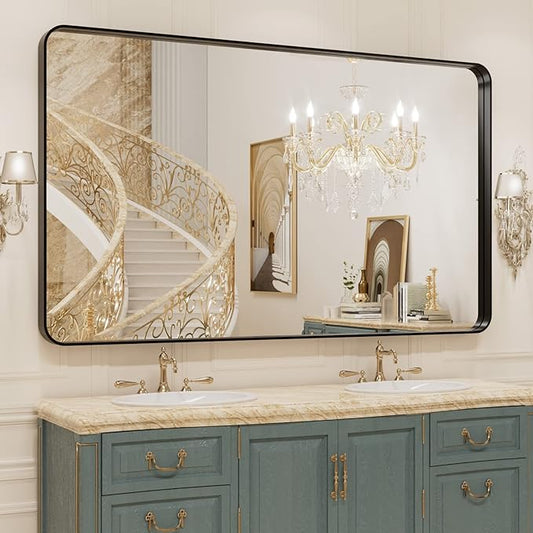 WEER 50X30 Inch Black Metal Framed Bathroom Mirror, Black Bathroom Vanity Mirror Farmhouse, Rounded Rectangular Matte Black Wall Mirrors, Tempered Glass, Anti-Rust (Horizontal/Vertical)