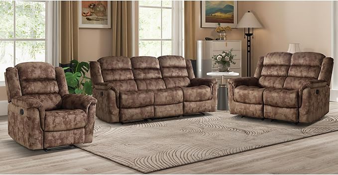 EBELLO 3 Pieces Reclining Living Room Set, Overstuffed Soft Fabric Manual Recliner, Loveseat Recliner and Bonded 3 Seat Reclining Couch Set for Living Room, Brown