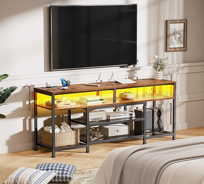 Furologee TV Stand with Power Outlets and LED Lights, 55 Inch Entertainment Center for 55 60 Inch TVs, Media Console Table with Open Shelves, for Bedroom, Living Room, Rustic Brown