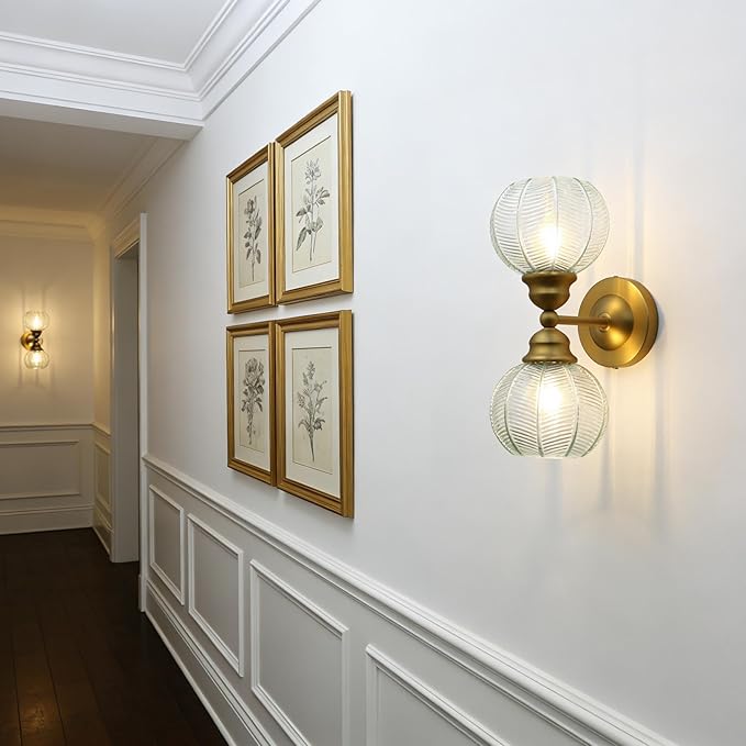 Pathson 2-Lights Vintage Wall Sconce with Green Leaf-Pattern Globe Glass, Double-Head Bathroom Vanity Lights Over Mirror, Brass Vintage Bathroom Sconce Lamp for Living Room Bedroom Above Mirror