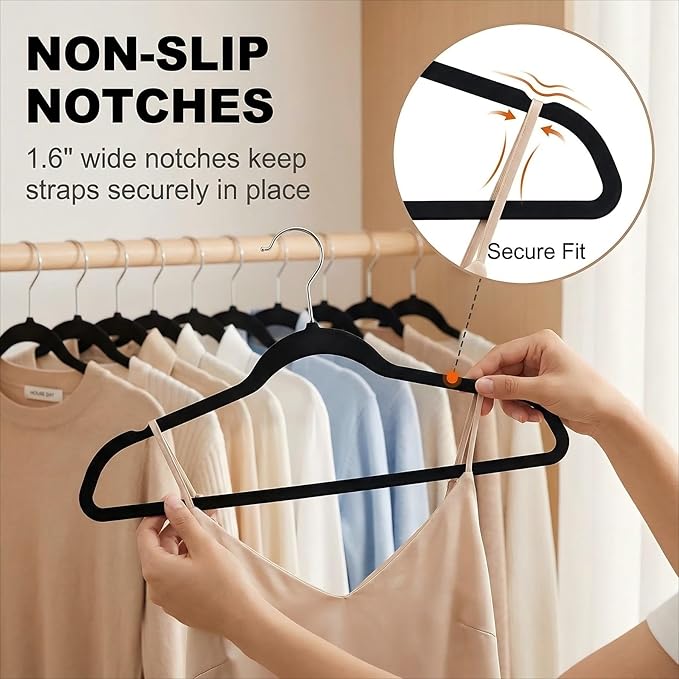 HOUSE DAY Black Plastic Hangers 60 Pack - Heavy Duty Non-Velvet Hangers with 360° Swivel Chrome Hook & Non Slip Notches - Slim Space Saving Clothes Hangers Ideal for Dresses Coats Shirts Jackets