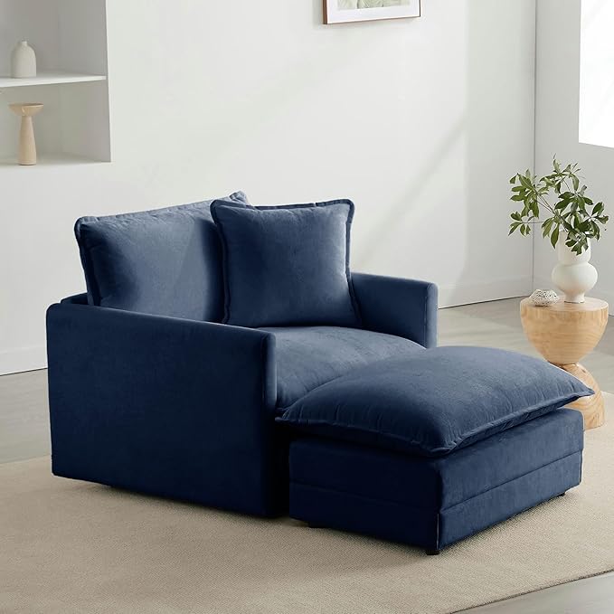 Chenille Oversized Chair with Ottoman - 39”W Big Comfy Reading Chair and Ottoman Set, Lounge Chair for Living Room, Bedroom, Kids Room, Reading Nook, Family Room, Navy Blue