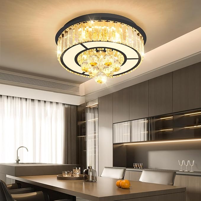 11.8'' Black Modern Crystal Chandeliers for Dining Room LED Dimmable Light Fixtures Flush Mount Light Living Room Bedrooms