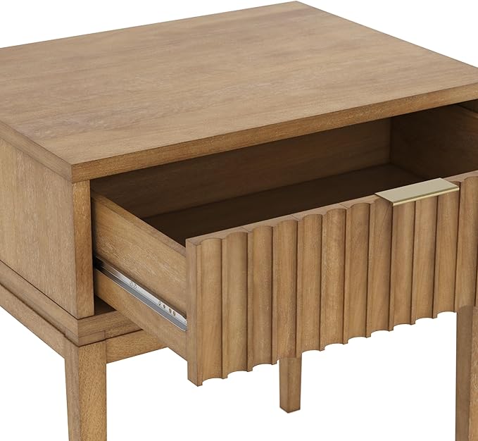 Nathan James Boho Jasper Wood Nightstand with Drawer, Fluted Side Table or End Table with Storage, Light Brown, Set of 2