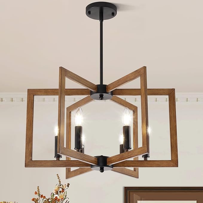 21.6" Farmhouse Chandelier, 6-Light Modern Geometric Dining Room Chandelier, Rustic Foyer Lighting Fixtures, Wood Grain Pendant Lights for Living Room, Dining Room, Bedroom, Kitchen Island, Entryway