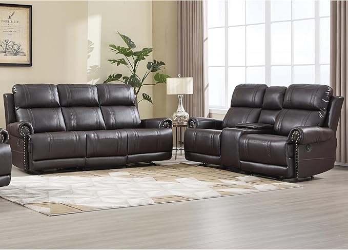 EBELLO Faux Leather Electric Reclining Sofa Set, Power Recliner Five Seats Sofa Set, a Loveseat and a 3-Seat Sofa with USB and Type-C Charging Ports, Vintage Rivet Design for Small Living Room, Brown
