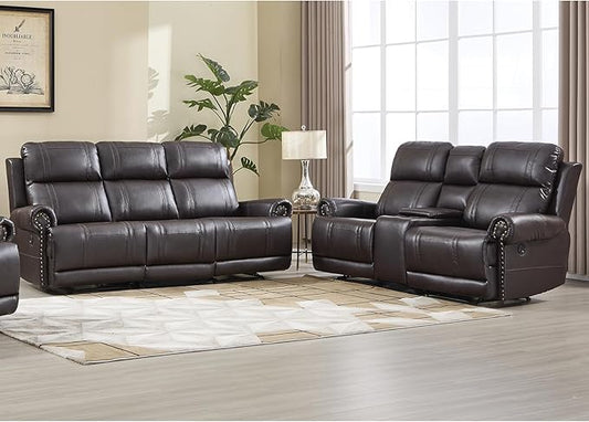 EBELLO Faux Leather Electric Reclining Sofa Set, Power Recliner Five Seats Sofa Set, a Loveseat and a 3-Seat Sofa with USB and Type-C Charging Ports, Vintage Rivet Design for Small Living Room, Brown