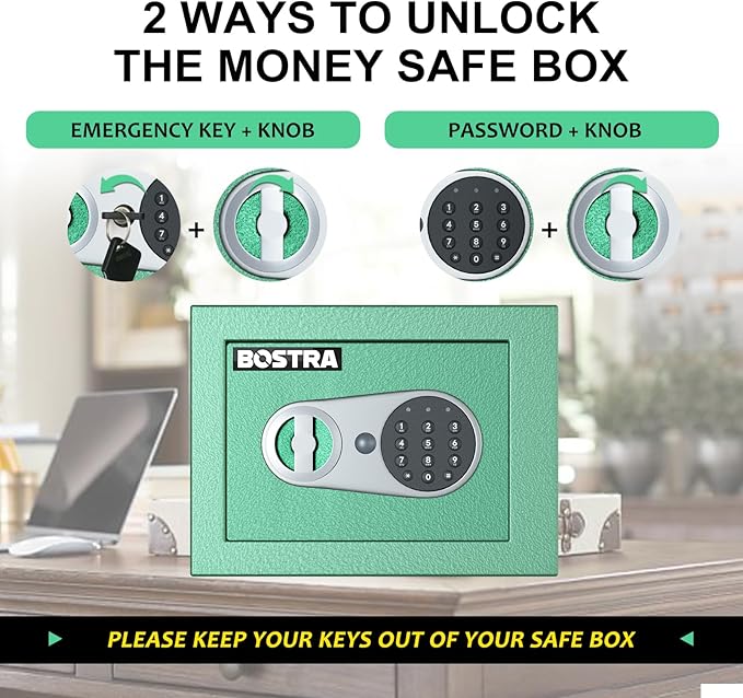 Bostra Fireproof Safe Box with Sensor Light & Fireproof Bag, Digital Keypad, Home Security Safe for Cash & Jewelry - Green, 0.23 Cubic Small