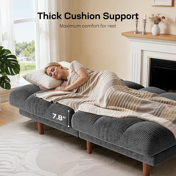 Marsail 65" Futon Sofa Bed, Convertible Small Recliner Sleeper Sofa Bed with Adjustable Backrest, Corduroy Loveseat Futon Couch for Small Apartments, Living Room Office, Guest Room (Grey)