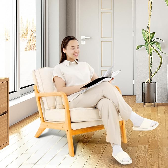 Modern Accent Chair with Lumbar Pillow, Relaxing Mid Century Chair Armchair with Solid Wood Frame & Soft Cushion, Reading Leisure Armchair for Living Room, Beige