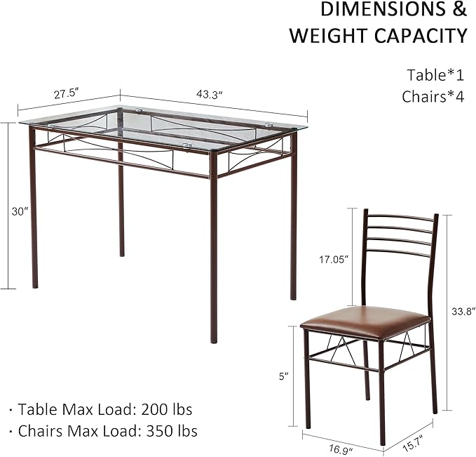VECELO Kitchen Dining Room Table and Chairs [4 Placemats Included] 5-Piece Dinette Sets, Space Saving (Brown)
