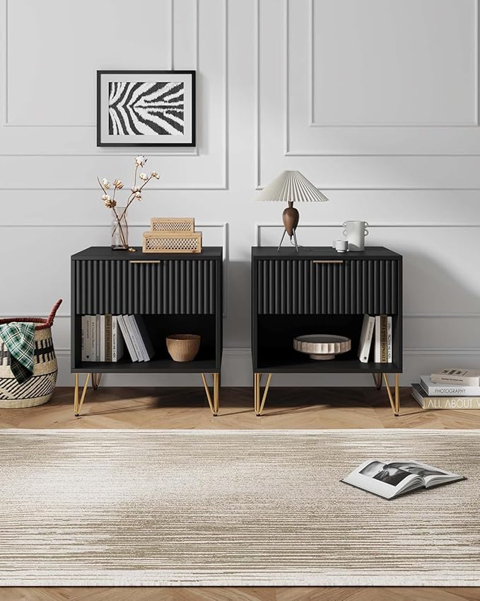 Manhattan Comfort Dumbo Modern Nightstand 1.0 with 1 Drawer and Metal Feet | Splayed Gold Legs | Vertical Ribbed Design | No Tool Assembly Storage for Bedroom & Living Room, Set of 2, Black