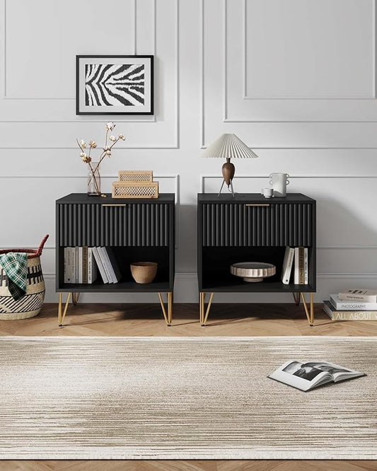 Manhattan Comfort Dumbo Modern Nightstand 1.0 with 1 Drawer and Metal Feet | Splayed Gold Legs | Vertical Ribbed Design | No Tool Assembly Storage for Bedroom & Living Room, Set of 2, Black