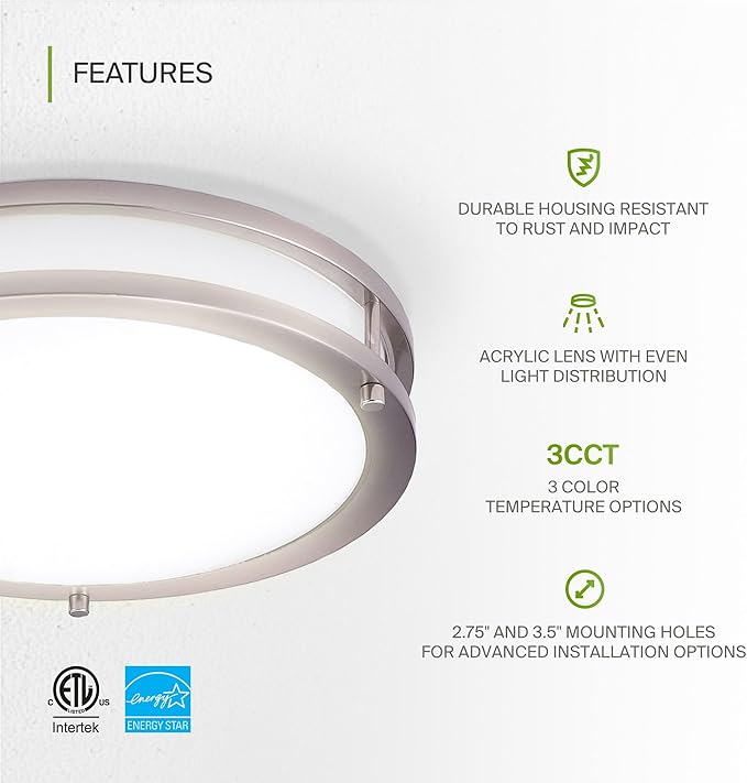 ASD LED 10" Round Flush Mount Lighting, Close to Ceiling Light Fixture | 3CCT, Dimmable, Energy Star, ETL Listed | 16W 1041LM 3000K-5000K 120V | Low Profile Double Ring Lamp | Nickel, 4 Pack
