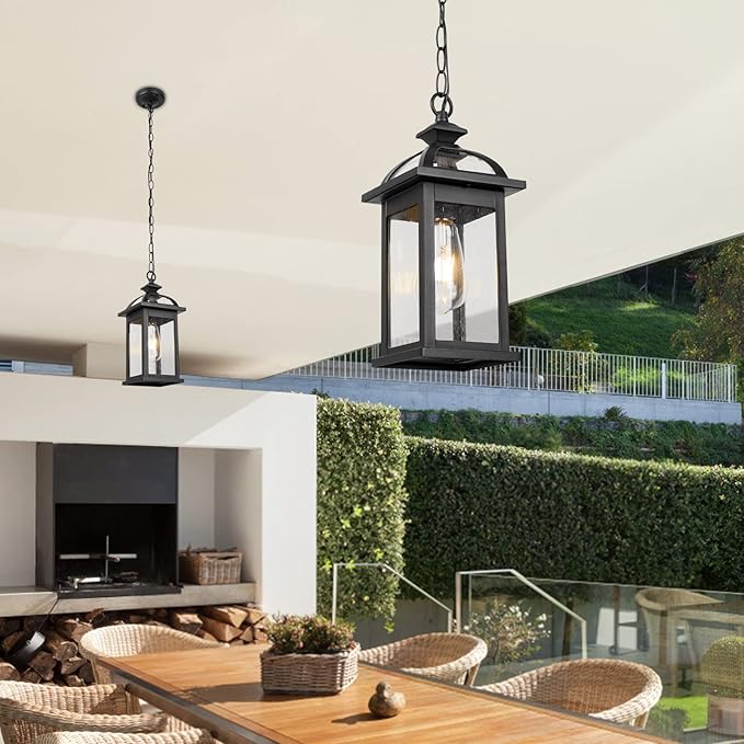 Darkaway Outdoor Pendant Light Fixture Lantern, Hanging Porch Light with Glass Aluminum Outdoor Pendant Lights for Porch, Patio, Entryway (1 Pack, Black)