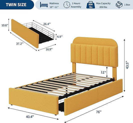 IDEALHOUSE Twin Bed Frame for Kids, Boucle Upholstered Platform Bed for Boys/Girls with 2 Flexible Drawers, Bookcase Headboard, Noise-Free, Easy Assembly, No Box Spring Needed, Yellow