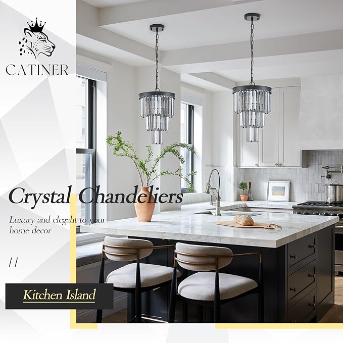3 Tiers Black Crystal Pendant Light, Mini Smoke Gray K9 Crystal Chandelier Modern Pendant Light Fixture for Kitchen Island Dining Room Hallway Bedroom Closet