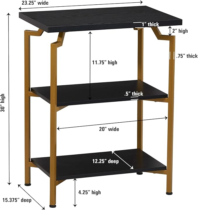 Household Essentials Crown Narrow 3 Shelf Open Storage Bookshelf Black Oak Wood Grain and Gold Metal