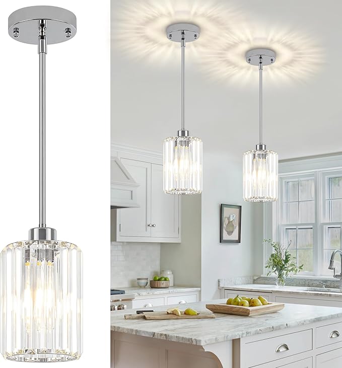 Chrome Pendant Lights,2 Pack Crystal Pendant Lighting for Kitchen Island, Modern Mini Kitchen Chandeliers Hanging Pendant Lights for Bedroom Dining Room Hallway