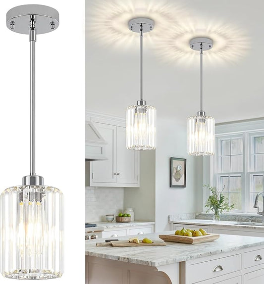 Chrome Pendant Lights,2 Pack Crystal Pendant Lighting for Kitchen Island, Modern Mini Kitchen Chandeliers Hanging Pendant Lights for Bedroom Dining Room Hallway